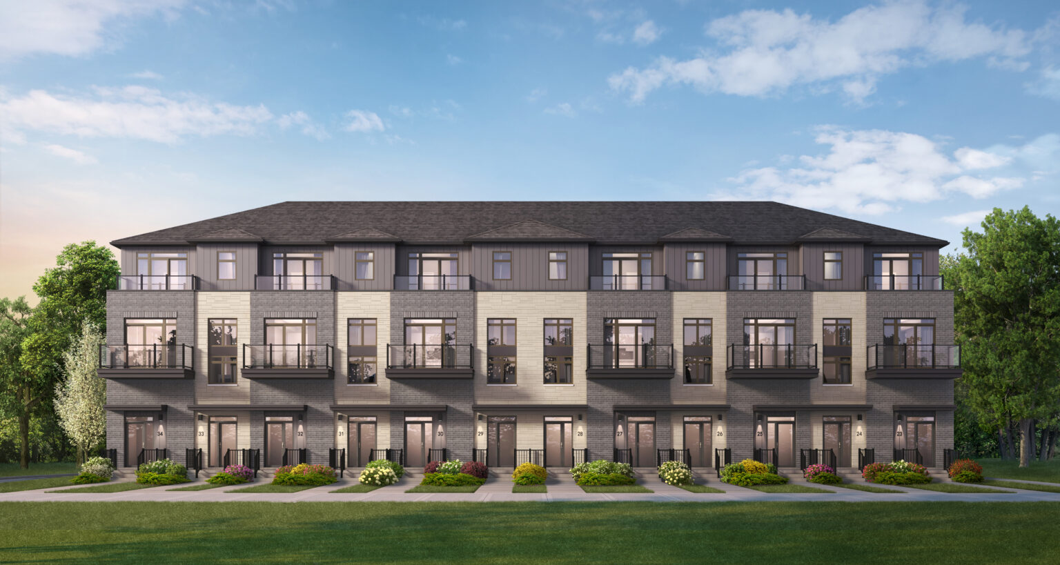 Exterior architectural rendering of Garden Square Towns stacked urban townhomes at 100 Garden Street Whitby