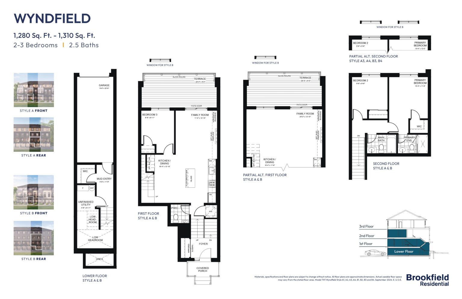 Garden Square Towns floor plan layouts showing 2-bedroom, 3-bedroom and 4-bedroom stacked townhome configurations in Whitby Ontario